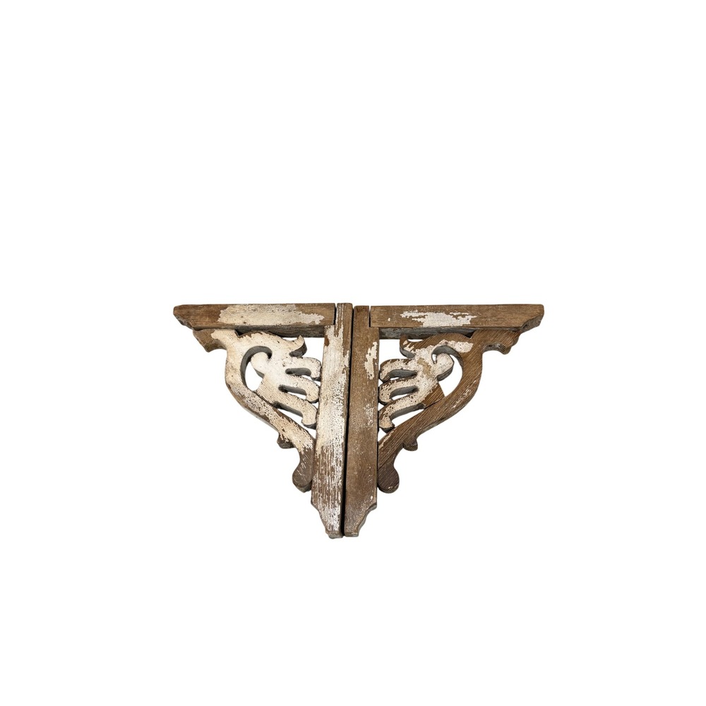 Vintage Distressed Wood Corbel Pair Chippy White Farmhouse Wall Decor Brackets